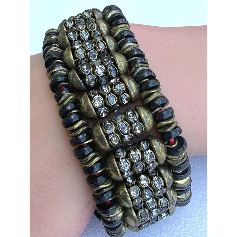 J Crew Rhinestone Bracelet Black Beads Bow Brass Y2K